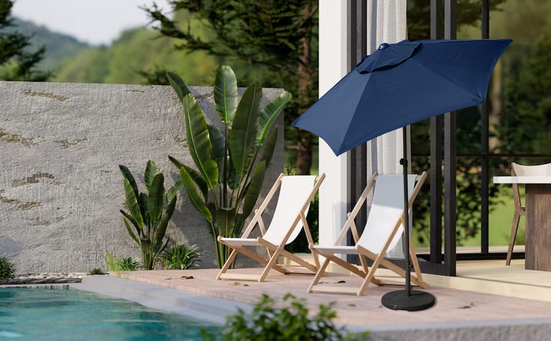 AMMSUN 6ft dark blue sunbrella patio umbrellas providing shade for chairs on pool