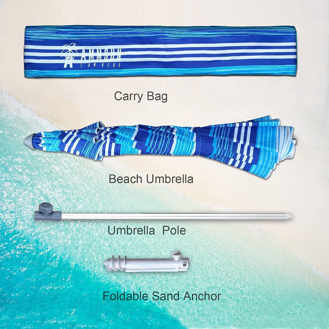 AMMSUN 7ft multicolor light blue strips clearance sale on patio umbrellas has a white pole, a carry bag and sand anchor