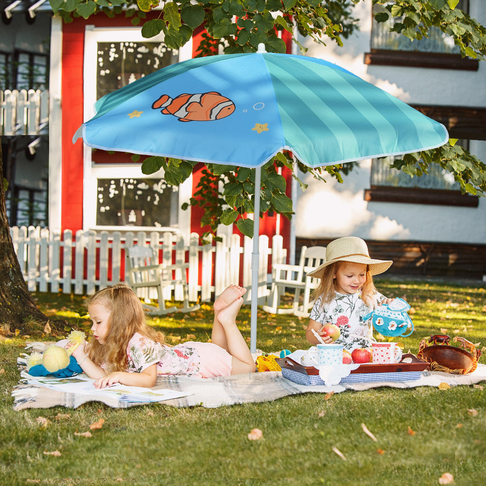 two little girls are having fun beneath the AMMSUN 47 inches /5ft step2 water table umbrella, Green Clownfish