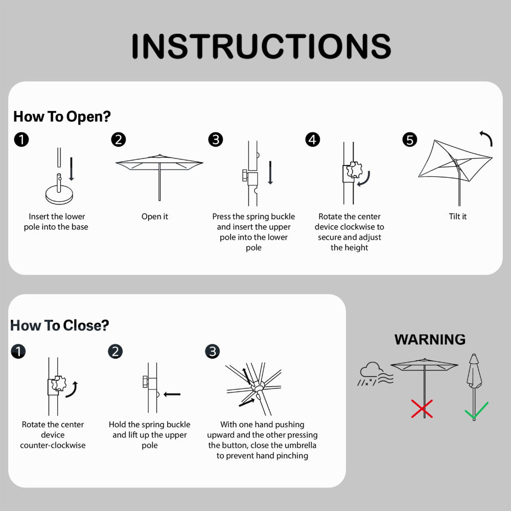 Simple instructions for AMMSUN grey 6.6 x 4.3ft Rectangular Patio table outdoor patio umbrella, stow the hands free canopy umbrella in rainy weather