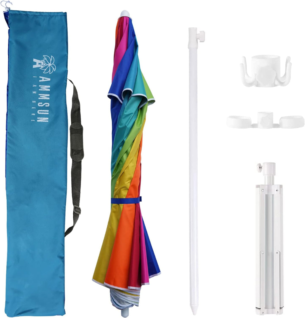 AMMSUN 6.5ft vibrant rainbow portable umbrella outdoor with stand for patio umbrellas., pole, carrying bag and cup holder.