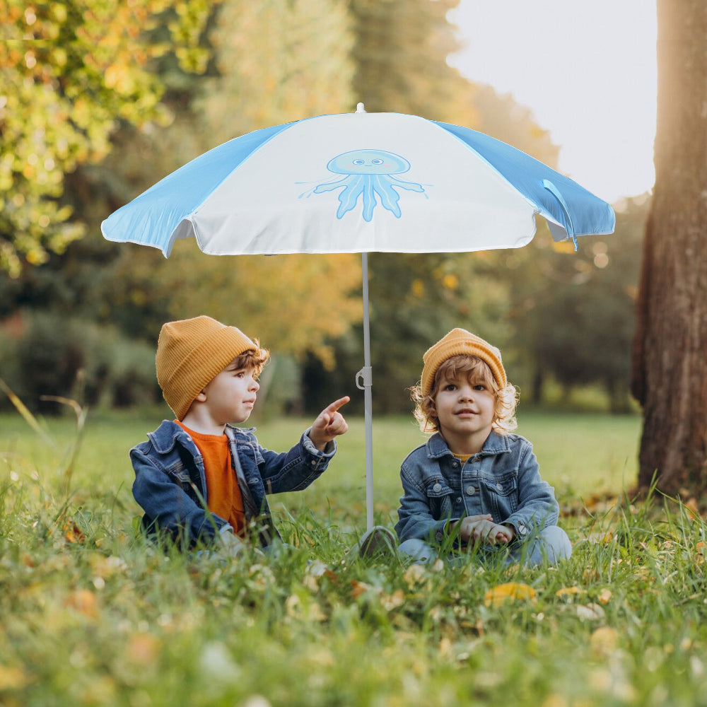 Two children sitting on the grass under AMMSUN 5ft kids umbrella boy, blue jellyfish umbrella, enjoying a sunny day