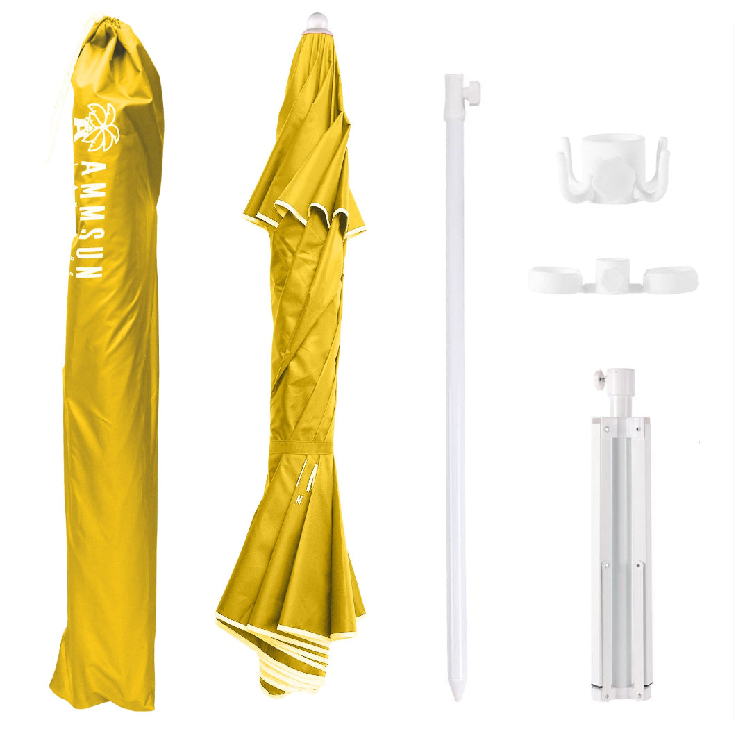 AMMSUN 6.5ft cheerful yellow portable outdoor umbrella with base, paired with a white pole, hook, cup holder and carrying bag