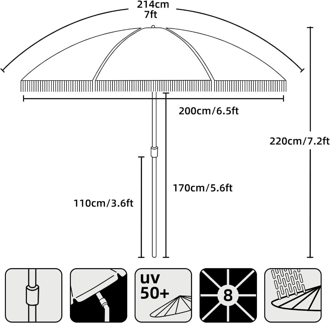 AMMSUN 7FT green fringe clearance umbrella patio waterproof with tassel  picnic umbrella portable is up to 7.2ft H