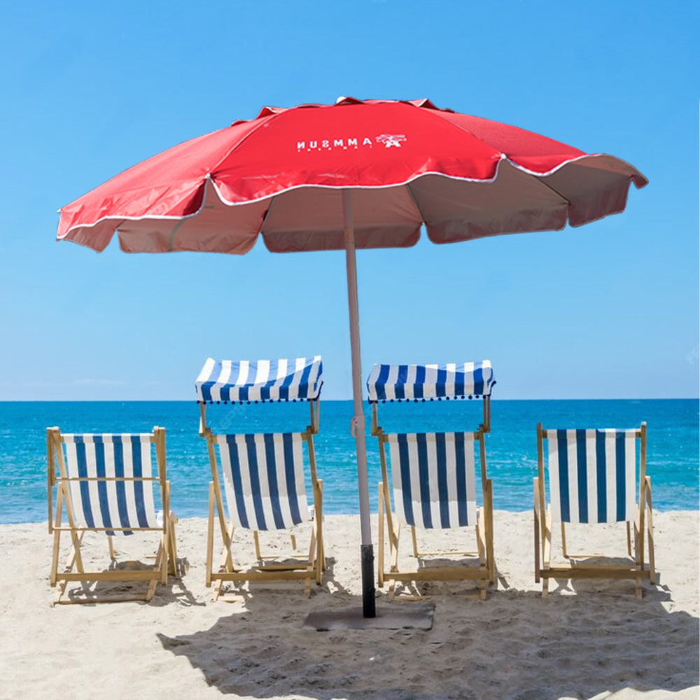  A sandy beach featuring beach chair under an AMMSUN 6.5ft red sun shade umbrella portable umbrella for travel for chair