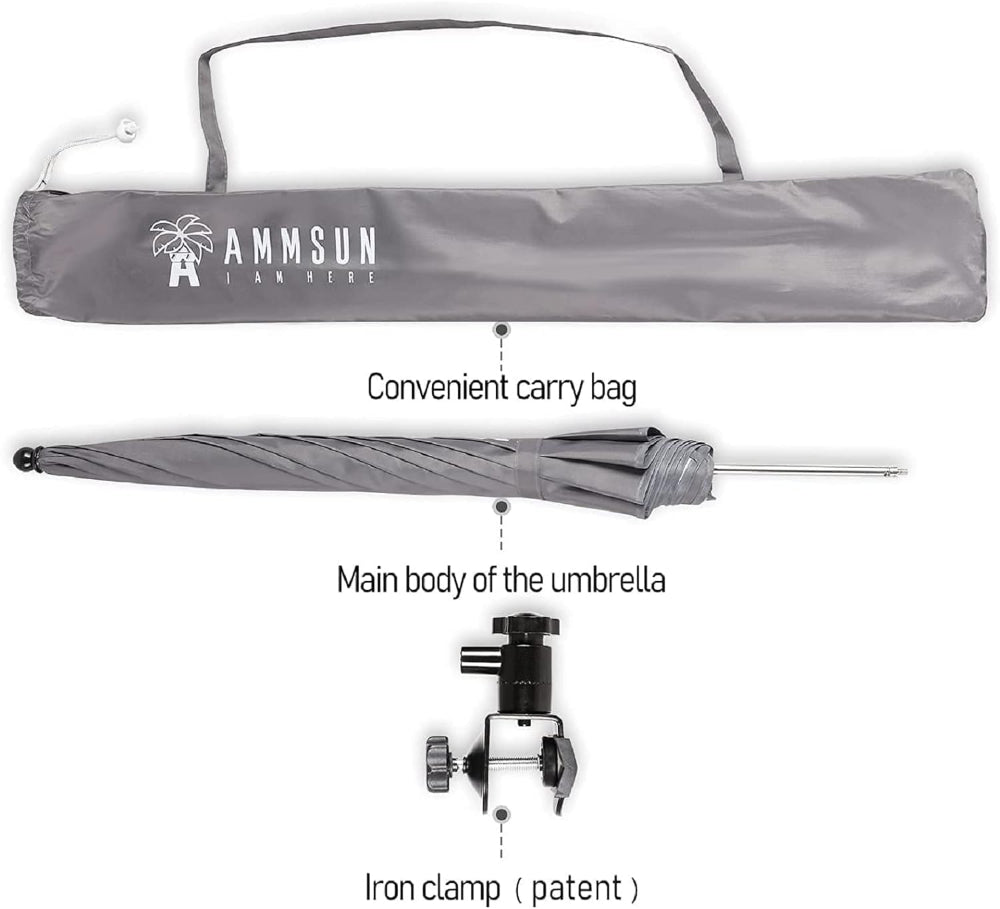 AMMSUN 43 inches grey portable umbrella for travel for chair with patent universal clamp and carry bag