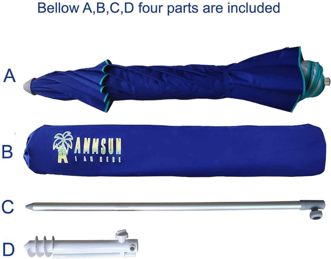 AMMSUN blue 7ft beach umbrella with sand anchor has 4 parts: blue travel beach umbrella, carry bag, pole and sand anchor