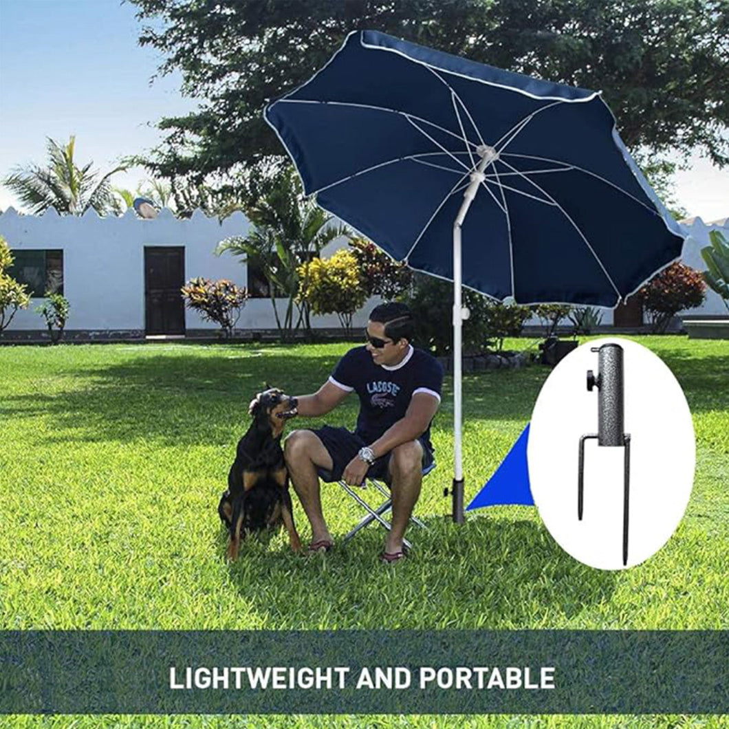 A man seated on a chair under an umbrella with AMMSUN steel umbrella stand outdoor base, with a dog by his side