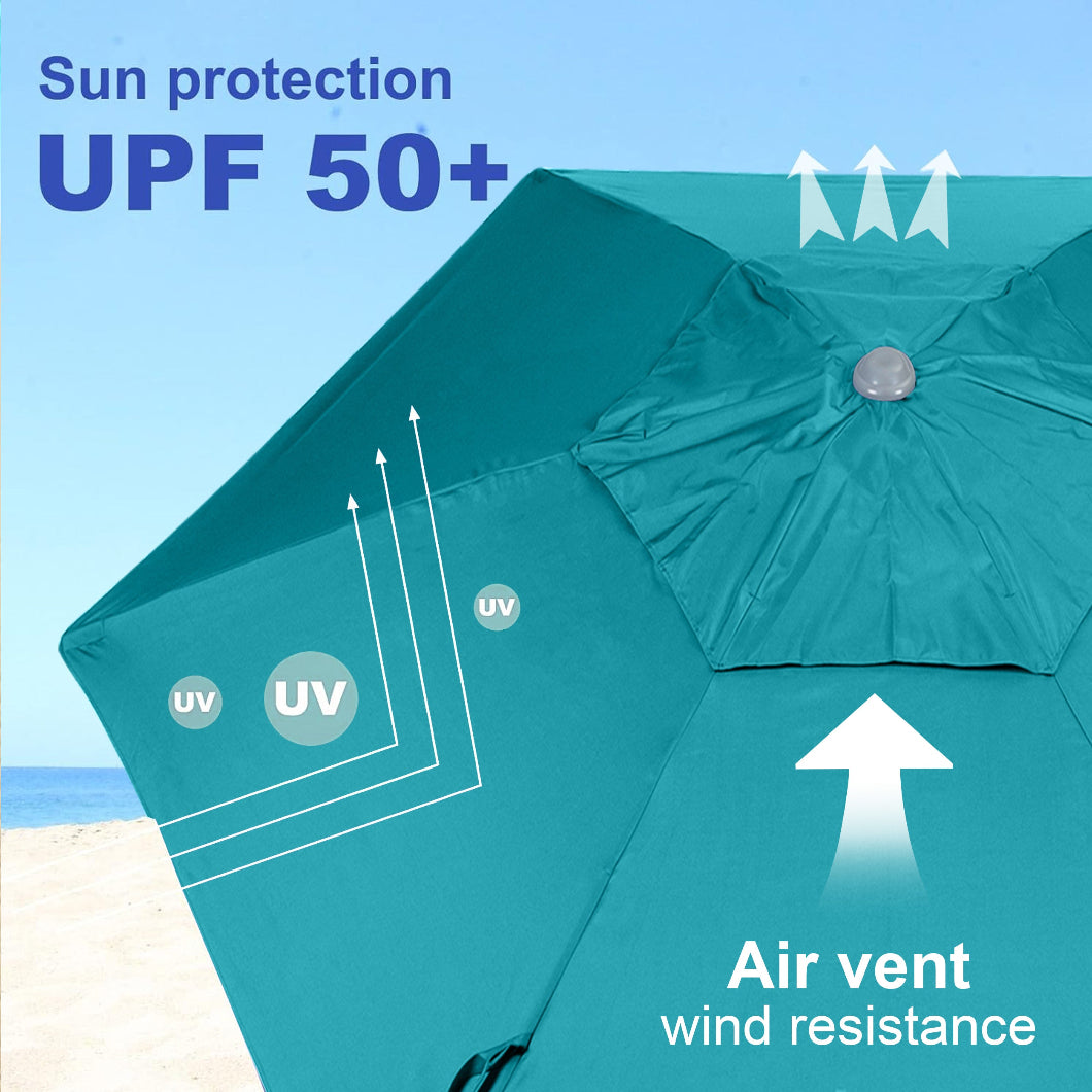 AMMSUN 8ft heavy duty teal sun protection umbrella beach with sand anchor featuring UPF 50, with an air vent