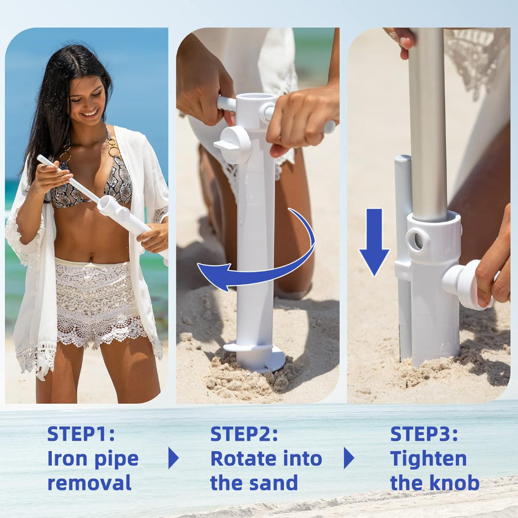 Using AMMSUN patent sand anchor for umbrella, in 3 steps: iron pipe removal, rotate anchor into sand and tighten knob