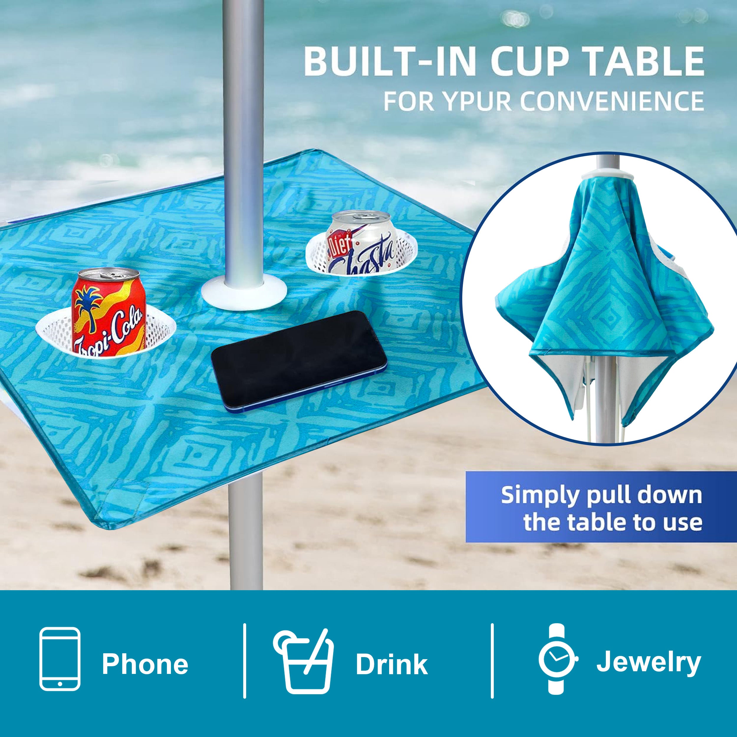 AMMSUN 6.5ft Beach Umbrella with Sand Anchor & Table,Sky Blue Paint