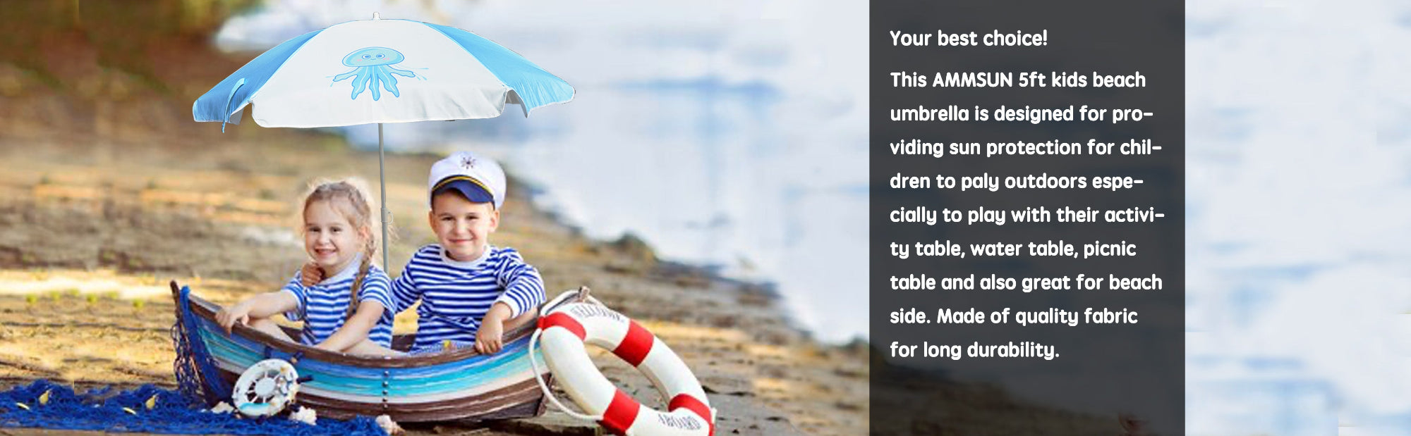 Two children sitting under AMMSUN 5ft jellyeish blue kids unbreakable umbrella on beach