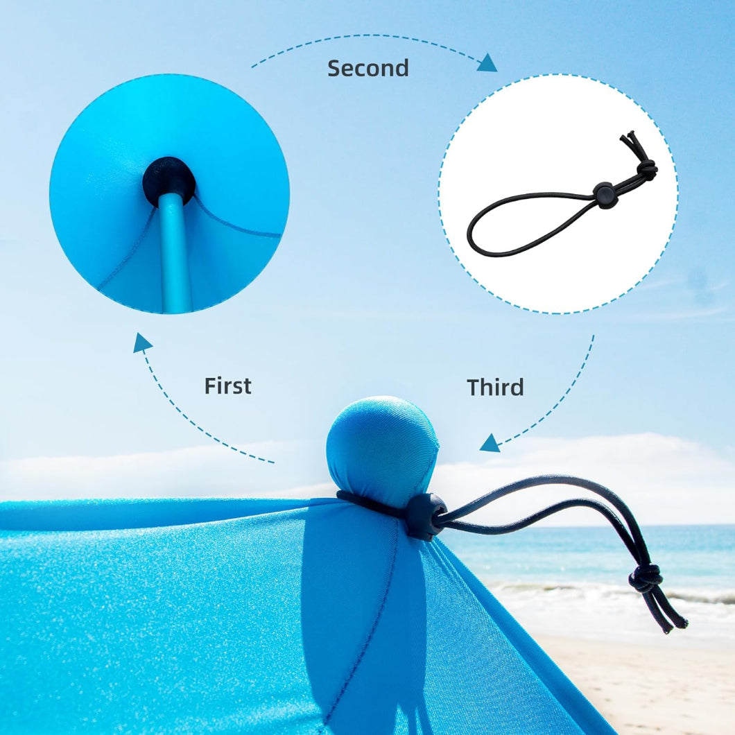 3 steps to secure AMMSUN 9x9ft light blue portable lycra beach tent canopy with pole by rubber bands