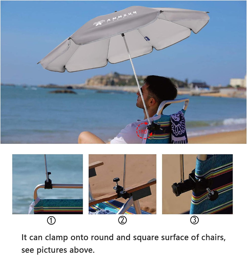 A man sitting under AMMSUN grey 43 inches beachbub umbrella for chair with   clamp for round and square surface