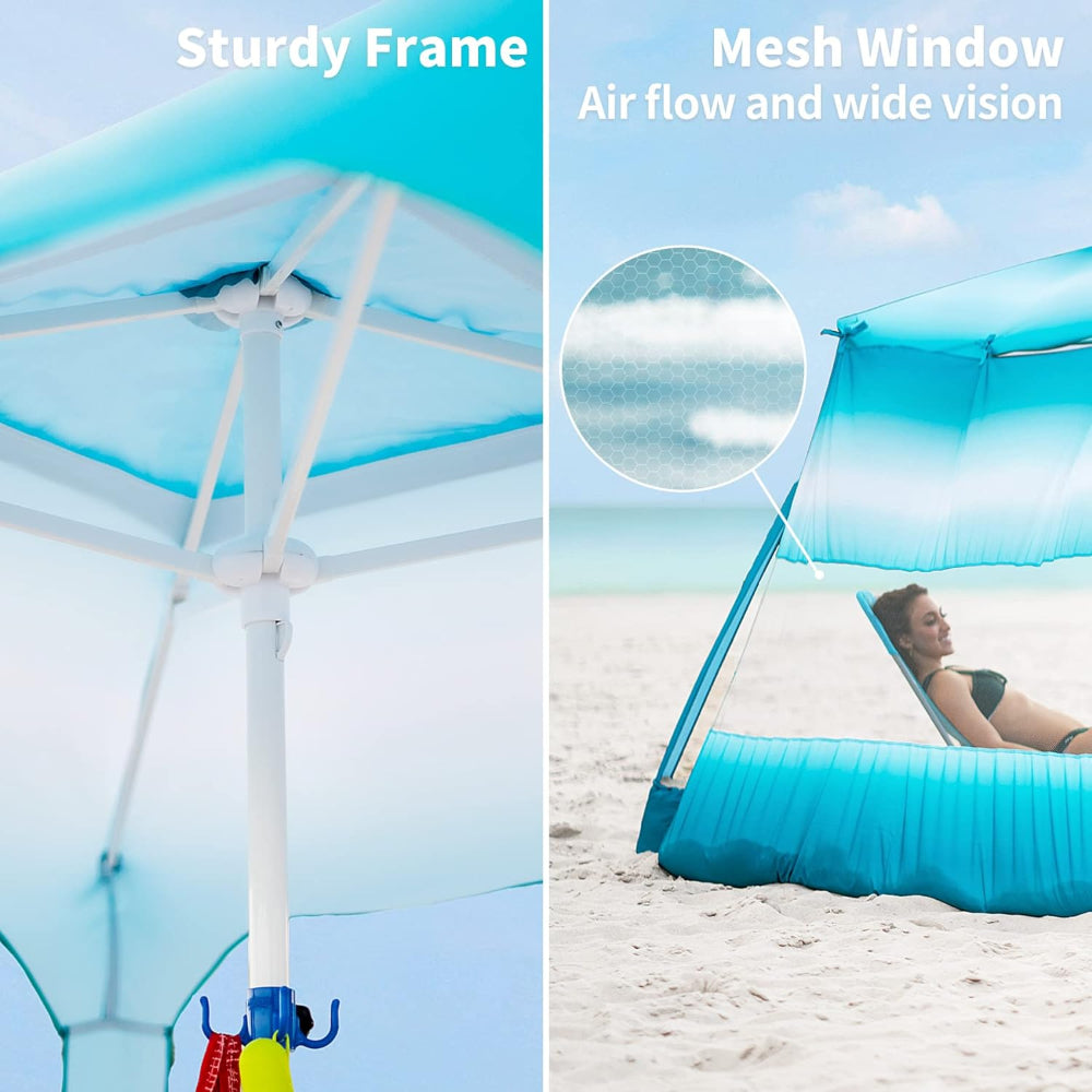 A woman is lying in AMMSUN gradient blue 6.2'×6.2' beach cabana pop up beach canopy with privacy sunwall, sturdy frame and a hanging hook