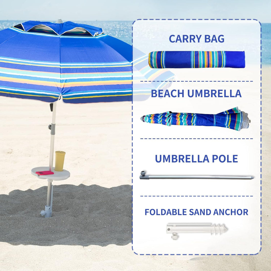 AMMSUN 7ft blue stripes portable beach umbrella including a carry bag is standing on beach sand by sand anchor