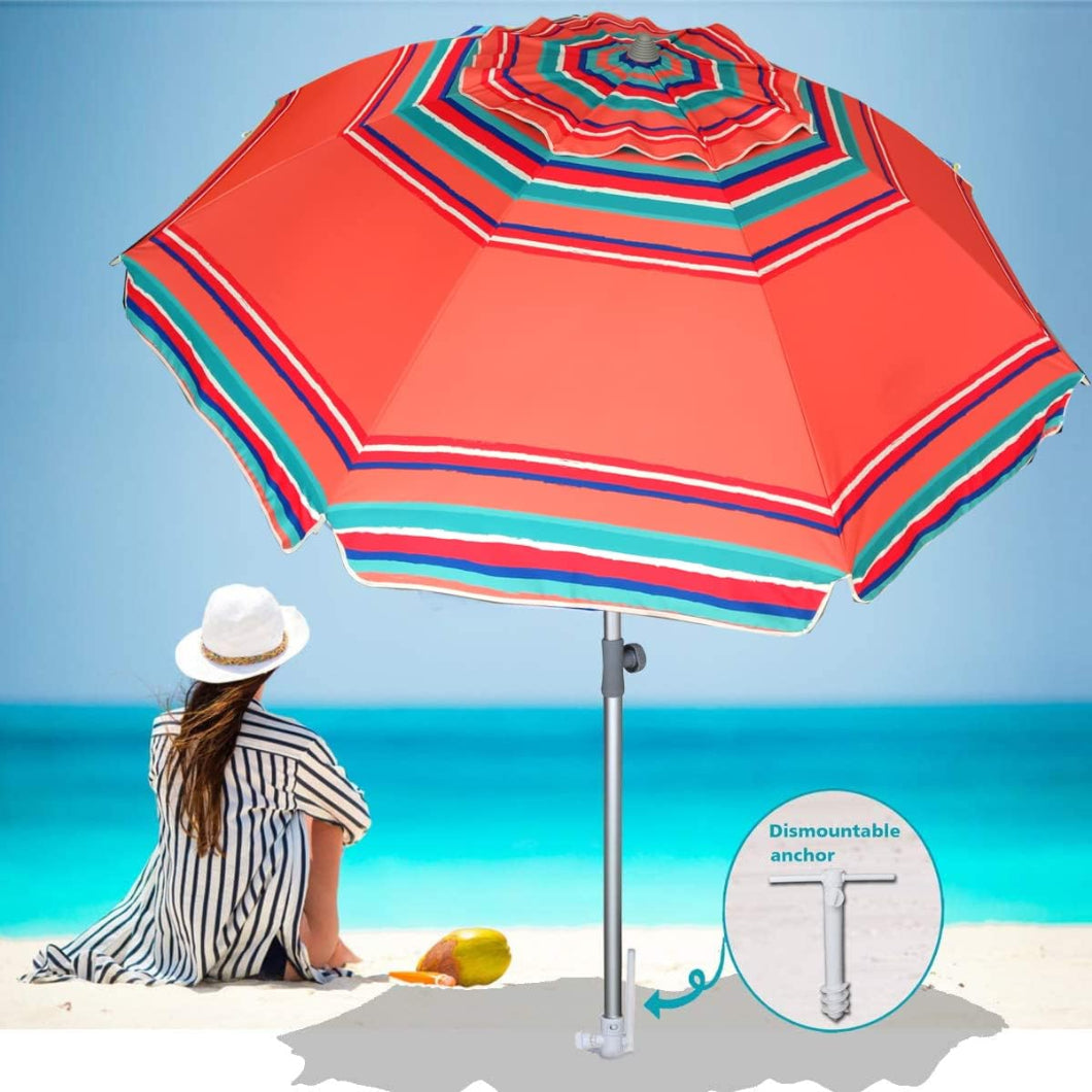 A woman sits comfortably on the beach, sheltered by AMMSUN 7FT Red Solstice wind resistant umbrella with sand anchor