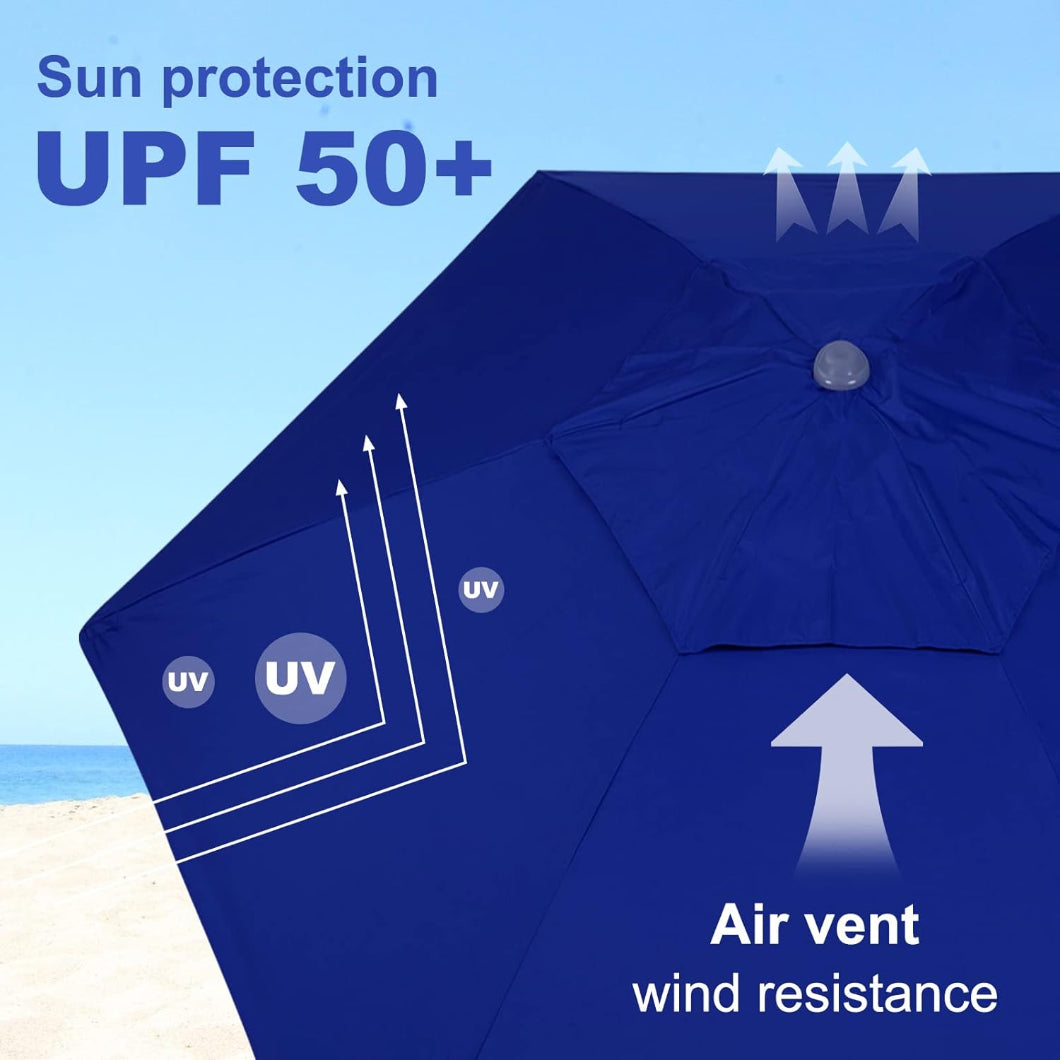 AMMSUN 8ft heavy duty blue best beach umbrella with umbrella sand anchor featuring UPF 50, with an air vent