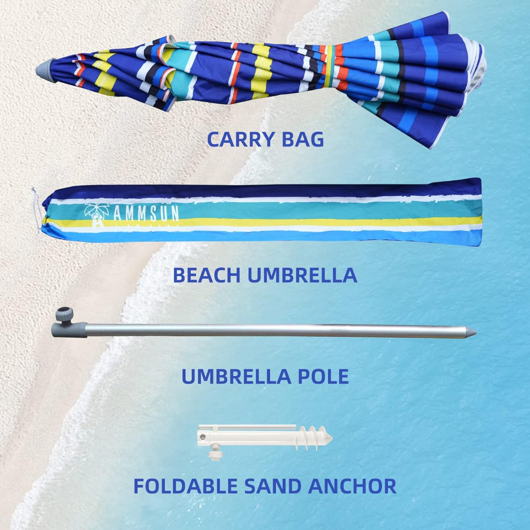 AMMSUN 7ft Multicolor blue strips outdoor umbrellas for patio stand has a white pole, carry bag and sand anchor