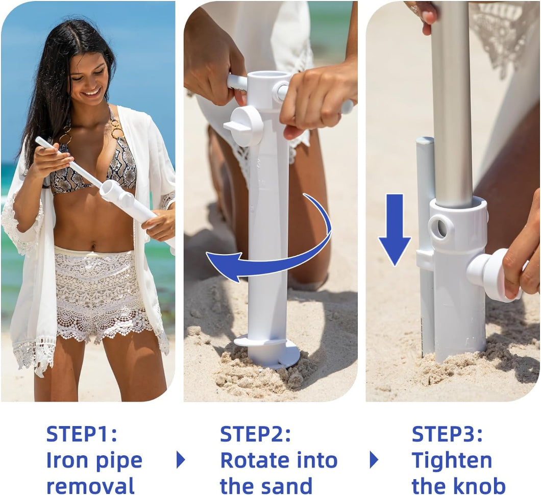 Using AMMSUN patent sand anchor for umbrella, in 3 steps: iron pipe removal, rotate anchor into sand and tighten knob