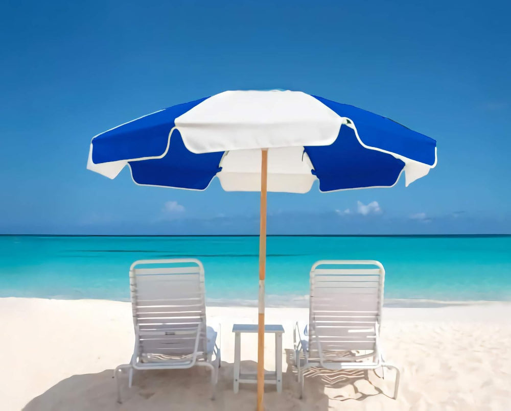 Two lounge chairs under AMMSUN 7.5ft blue white beach umbrellas for sand heavy duty on beach