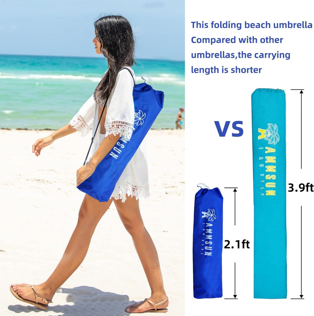 A woman carrying AMMSUN 6ft navy blue folding beach sun umbrella with a 2.1 ft length carry bag