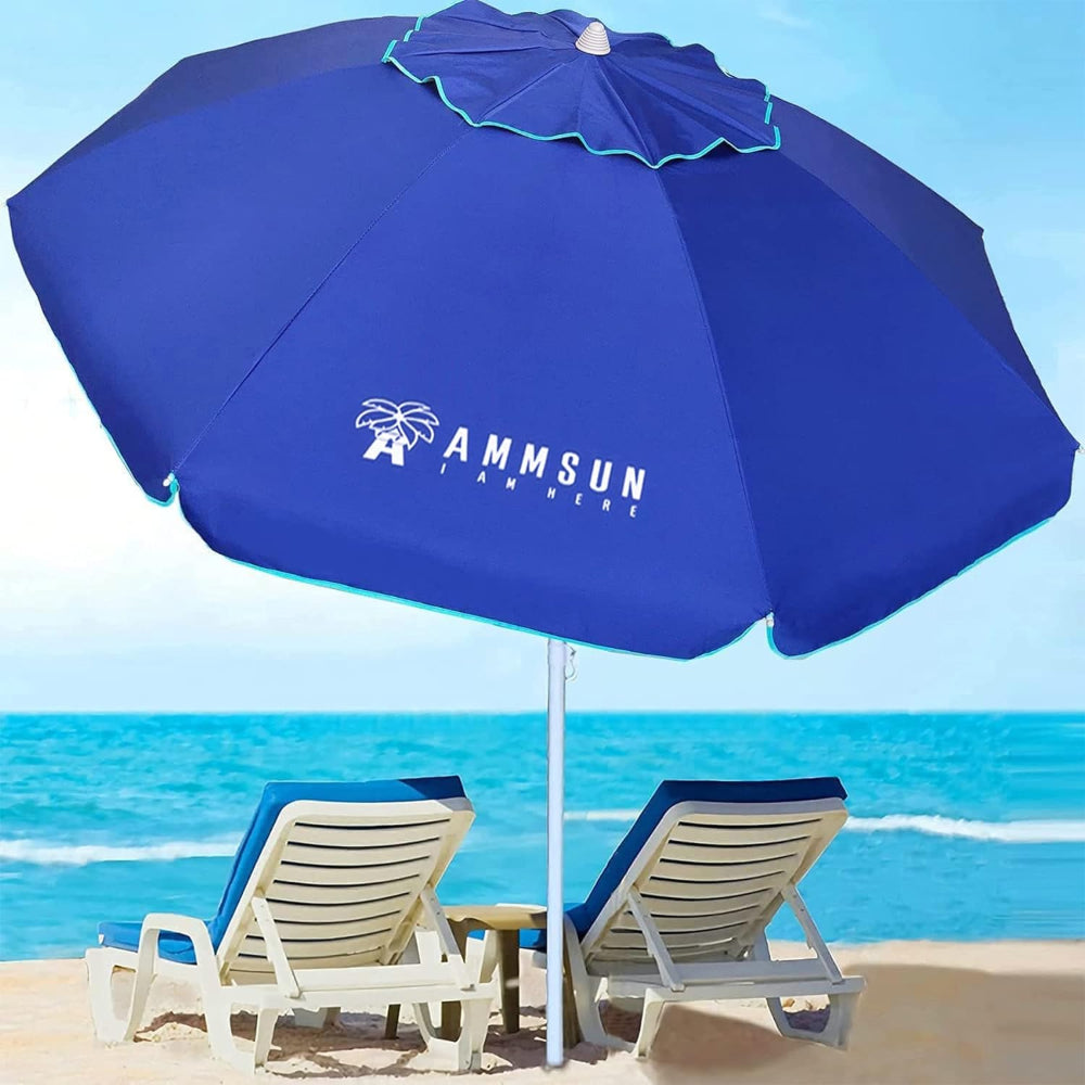 Two beach chairs sit beneath AMMSUN 6.5FT blue portable sun umbrella