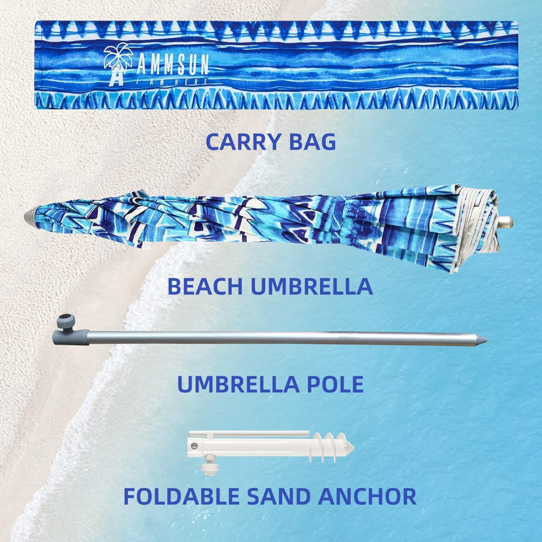 AMMSUN 7ft multicolor blue for beach has a white pole, a carry bag and a foldable sand anchor for umbrella large