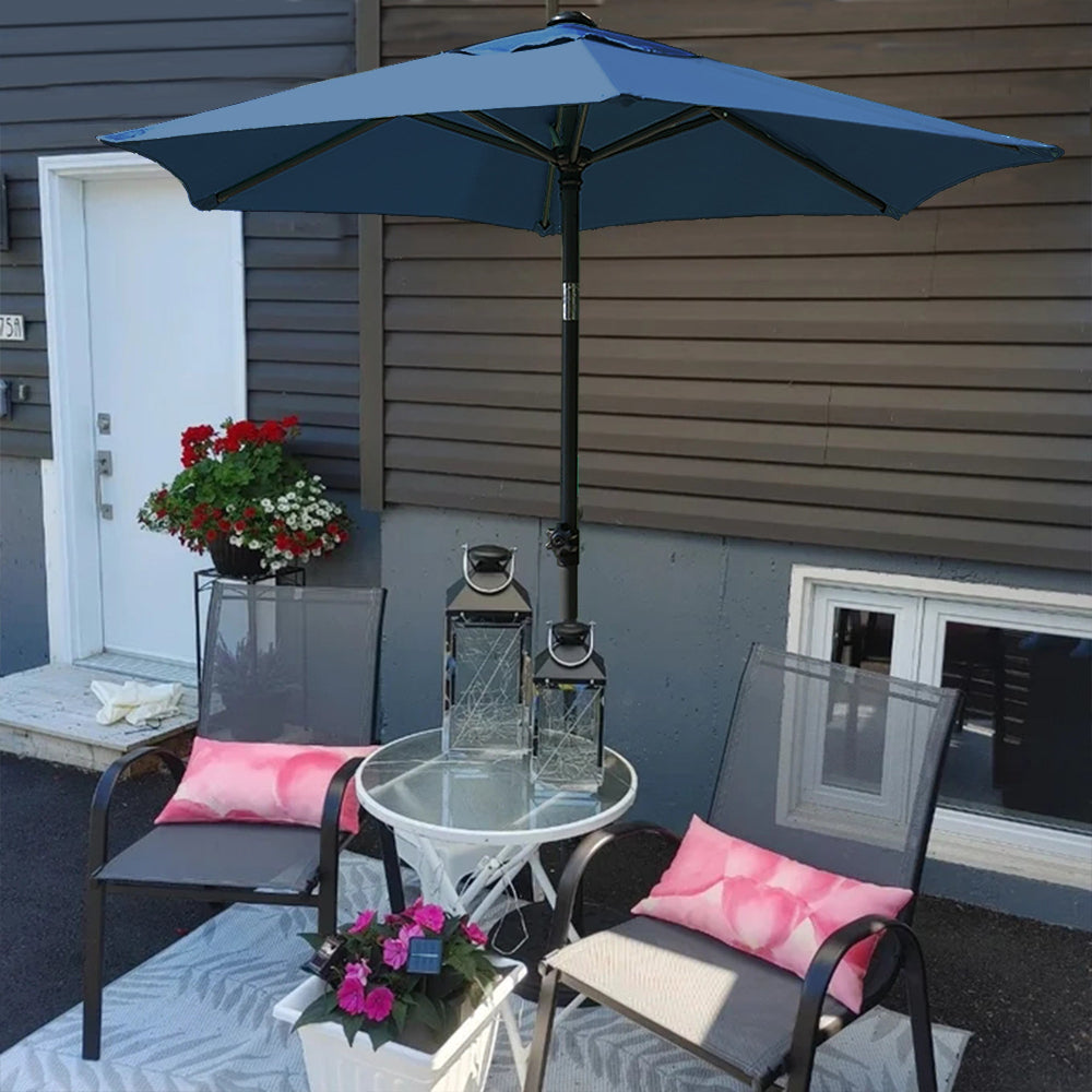 An outdoor patio scene featuring a table, several chairs, and an AMMSUN 6ft dark blue sombrillas para patio for Deck