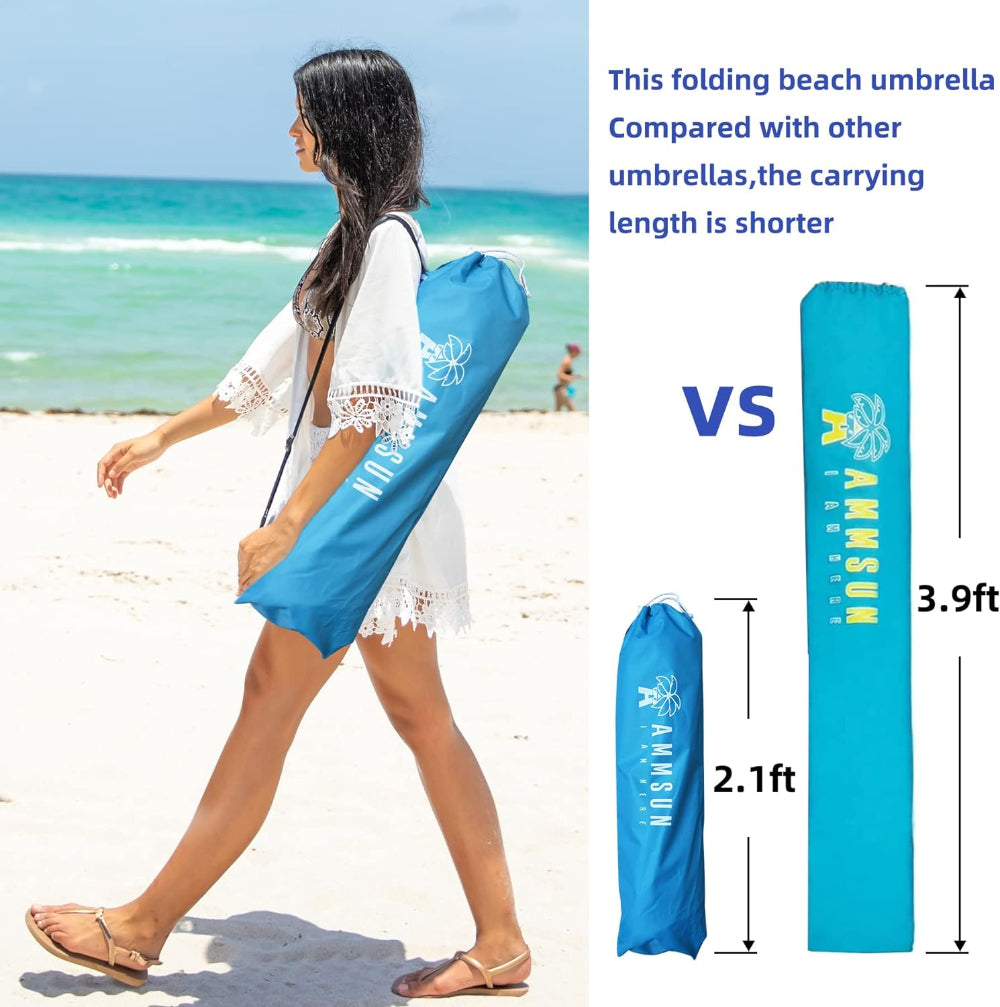 A woman carrying Ammsun 6ft light blue beach umbrellas with sand anchor in a 2.1ft length carry bag, shorter than others