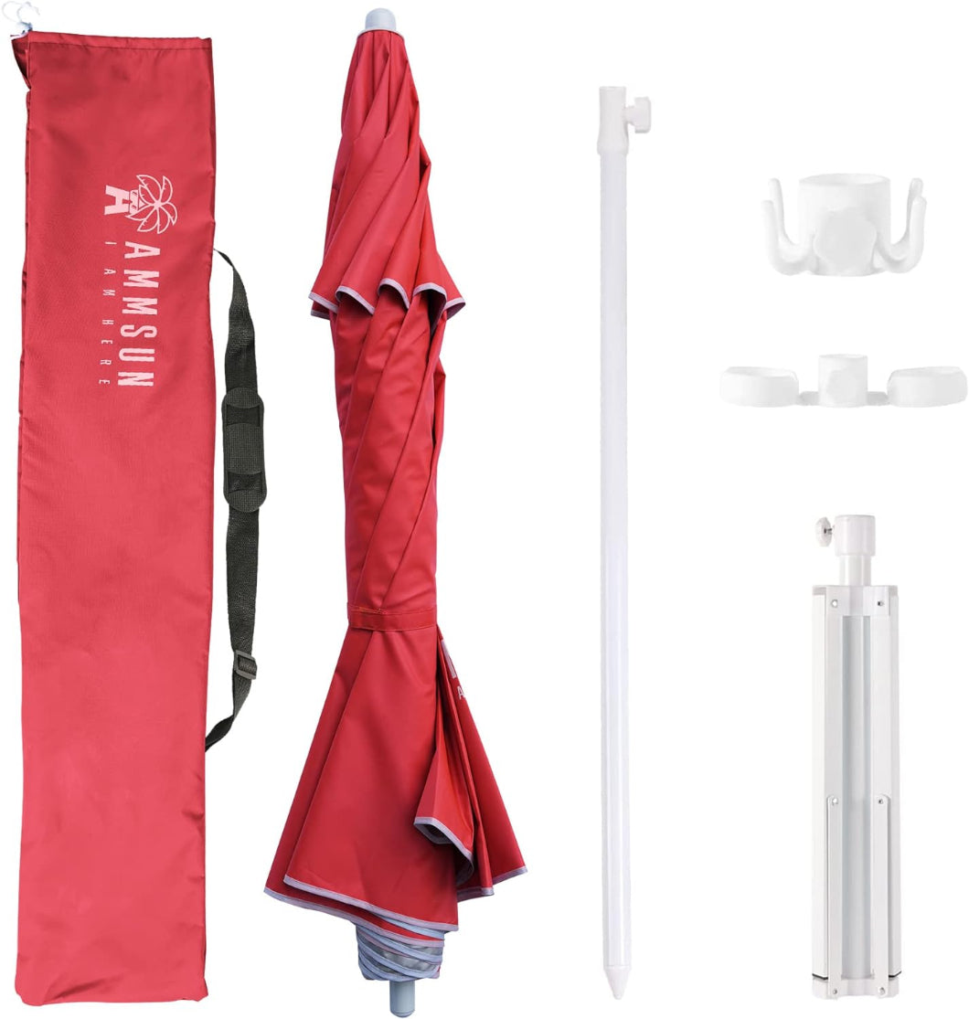 Ammsun 6.5ft pink umbrella, has a carrying bag, a white pole, a hook and cup holder with a portable stand for beach