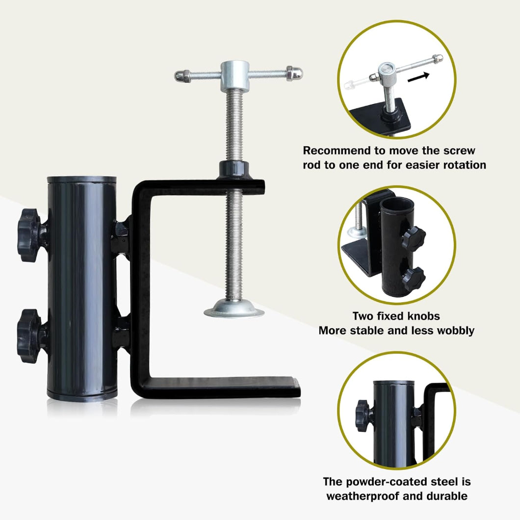 3 steps of using using AMMSUN umbrella holder for umbrella chair clamp with two fixed knobs and screw rod