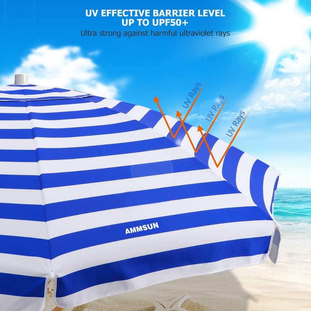 AMMSUN 7.5ft commercial grade blue stripes high wind patio umbrella for beach with UPF50+ protection