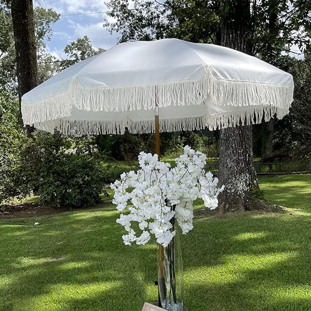 AMMSUN 7ft elegant cream umbrella for patio table with fringe sunvilla umbrella adorned with white flowers