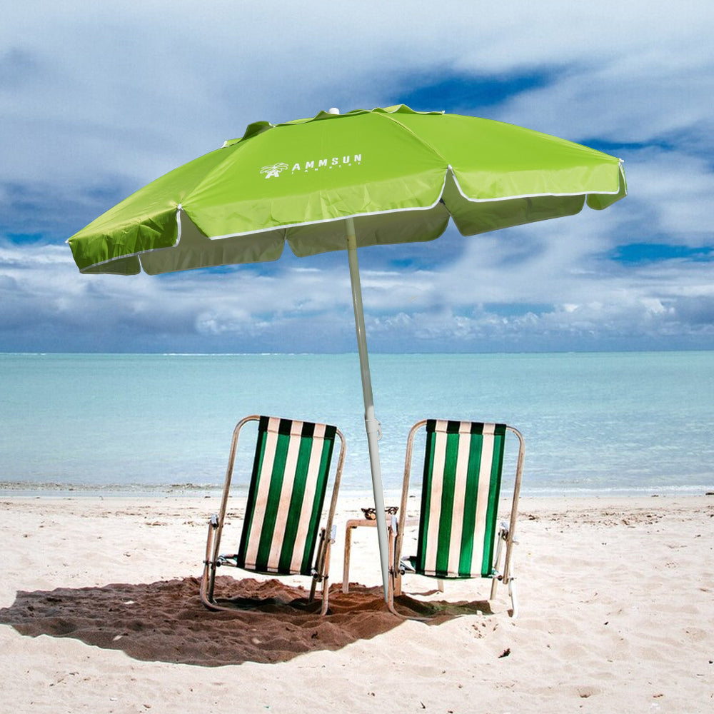 Two beach chairs positioned under an AMMSUN 6.5FT green umbrella outdoor patio heavy duty beach umbrella for sun