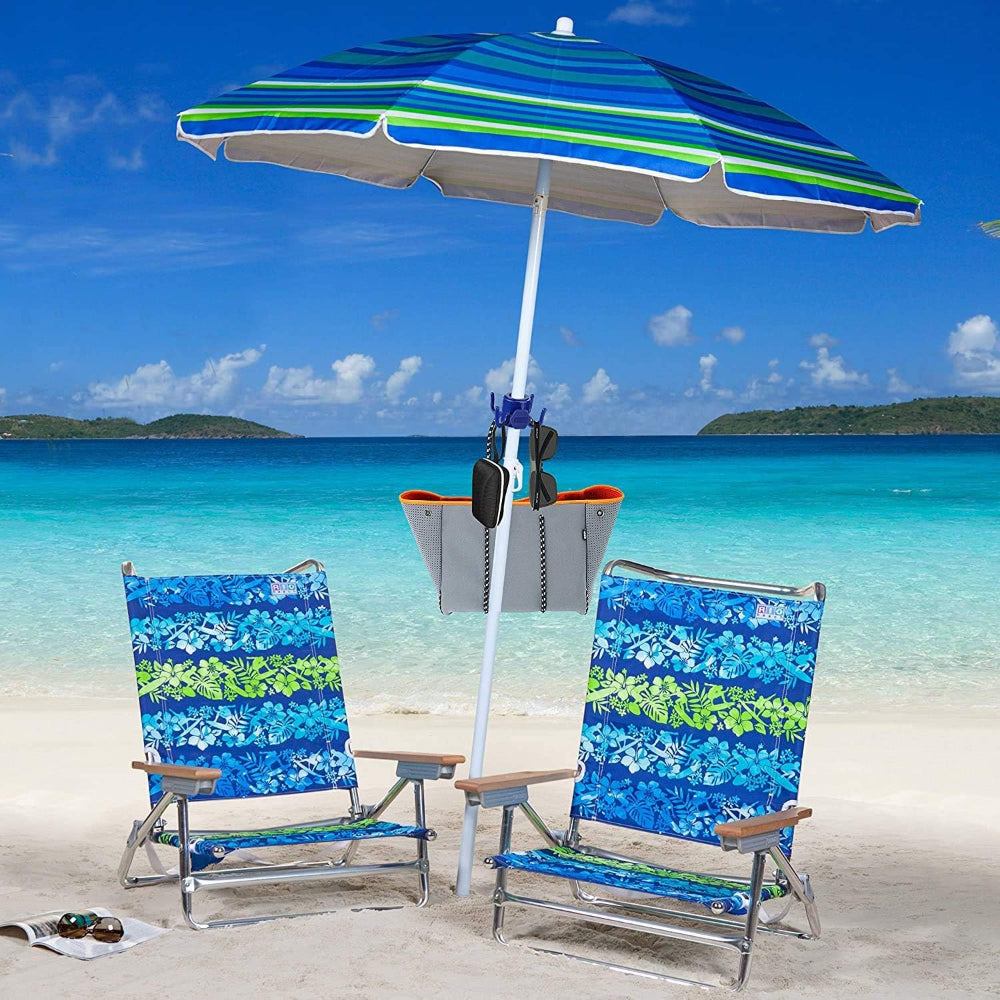 Two beach chairs and a large umbrella with AMMSUN beach necessities blue plastic beach umbrella haning hook for glasses on its pole