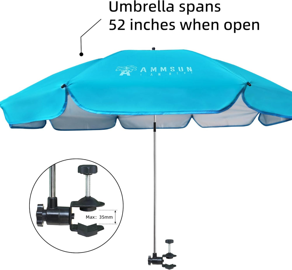 AMMSUN sky blue 52 inches chair umbrella with universal clamp on wheelchair, beach and camping chair