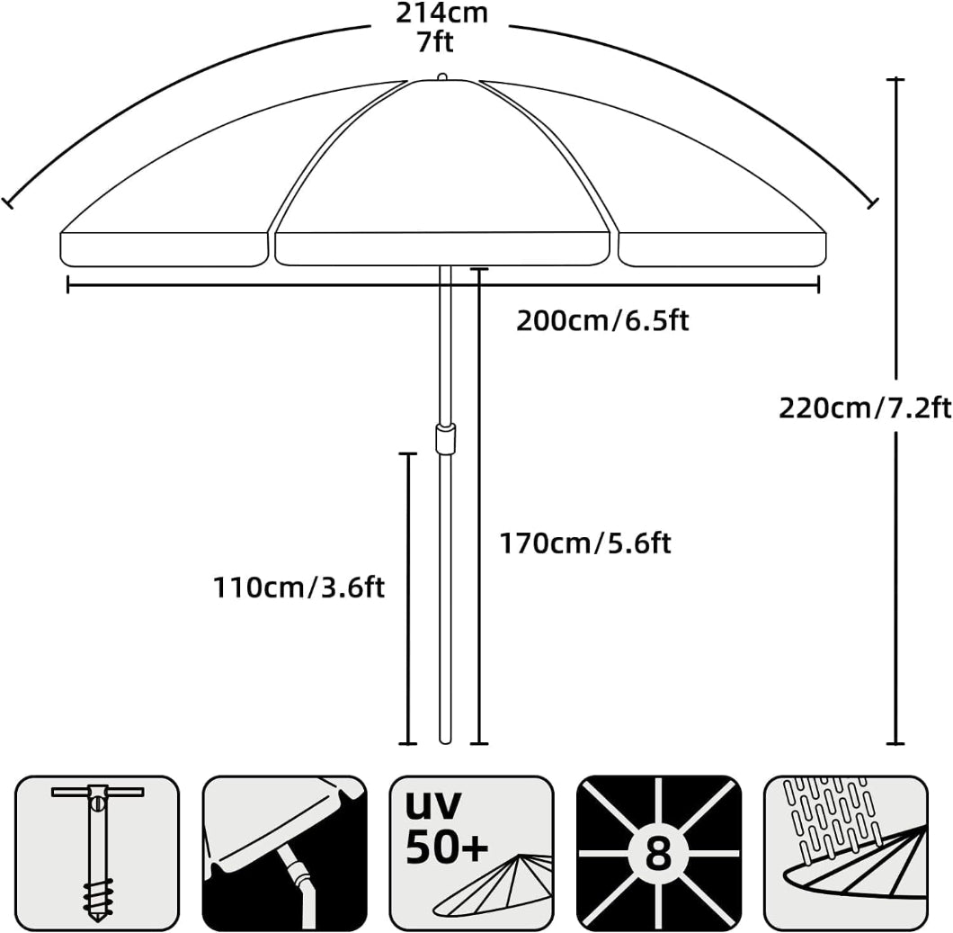 AMMSUN 7ft sky whirlpool teal umbrella outdoor patio with sand anchor UV50+ and waterproof, with 8 ribs and tilt