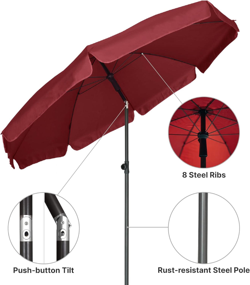 The AMMSUN 6.5ft maroon outdoor patio umbrella red patio umbrella with base has rust-resistant steel pole, 8 ribs and tilt