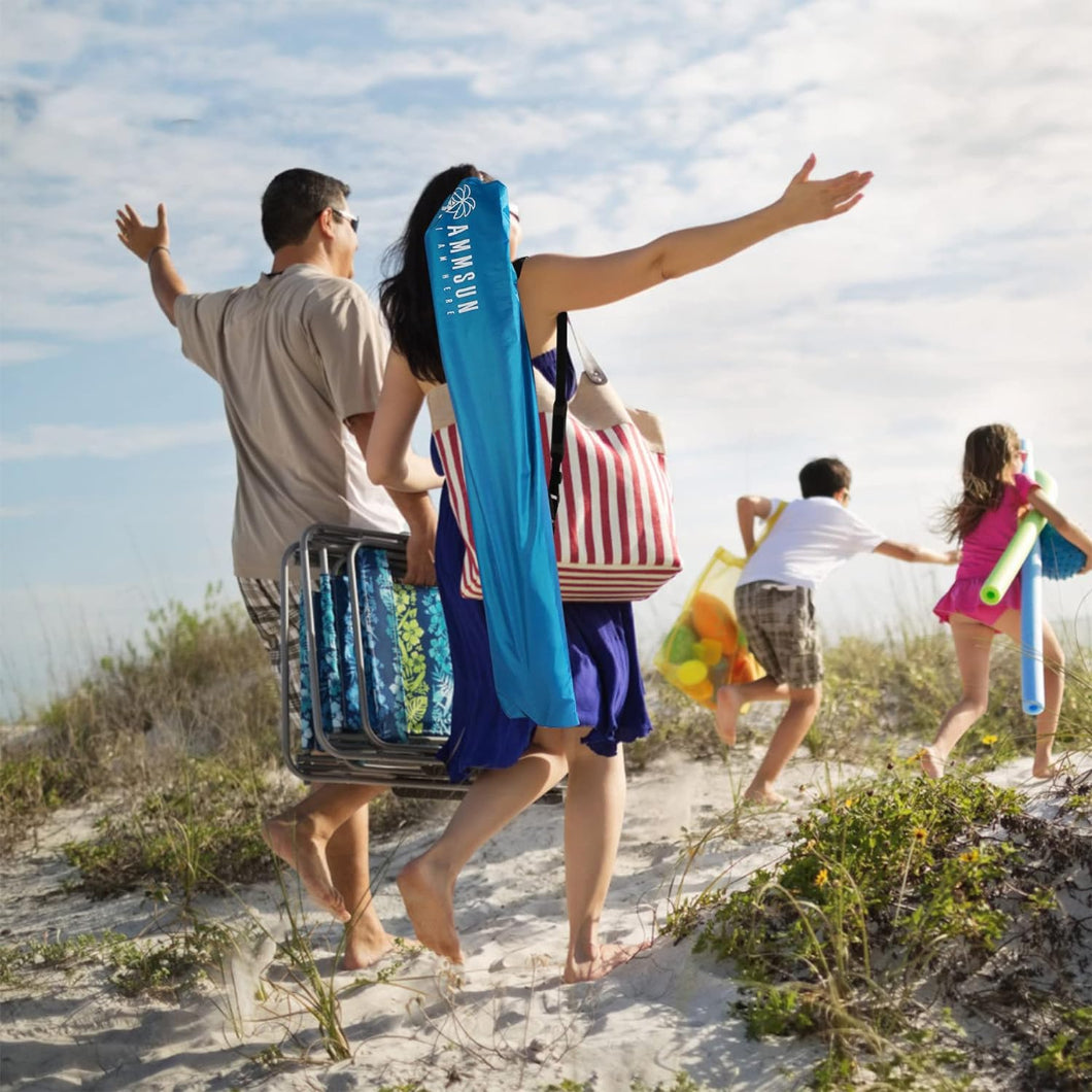 A family of four walks on the beach, with AMMSUN umbrella beach patio umbrella with base included in carrying bag