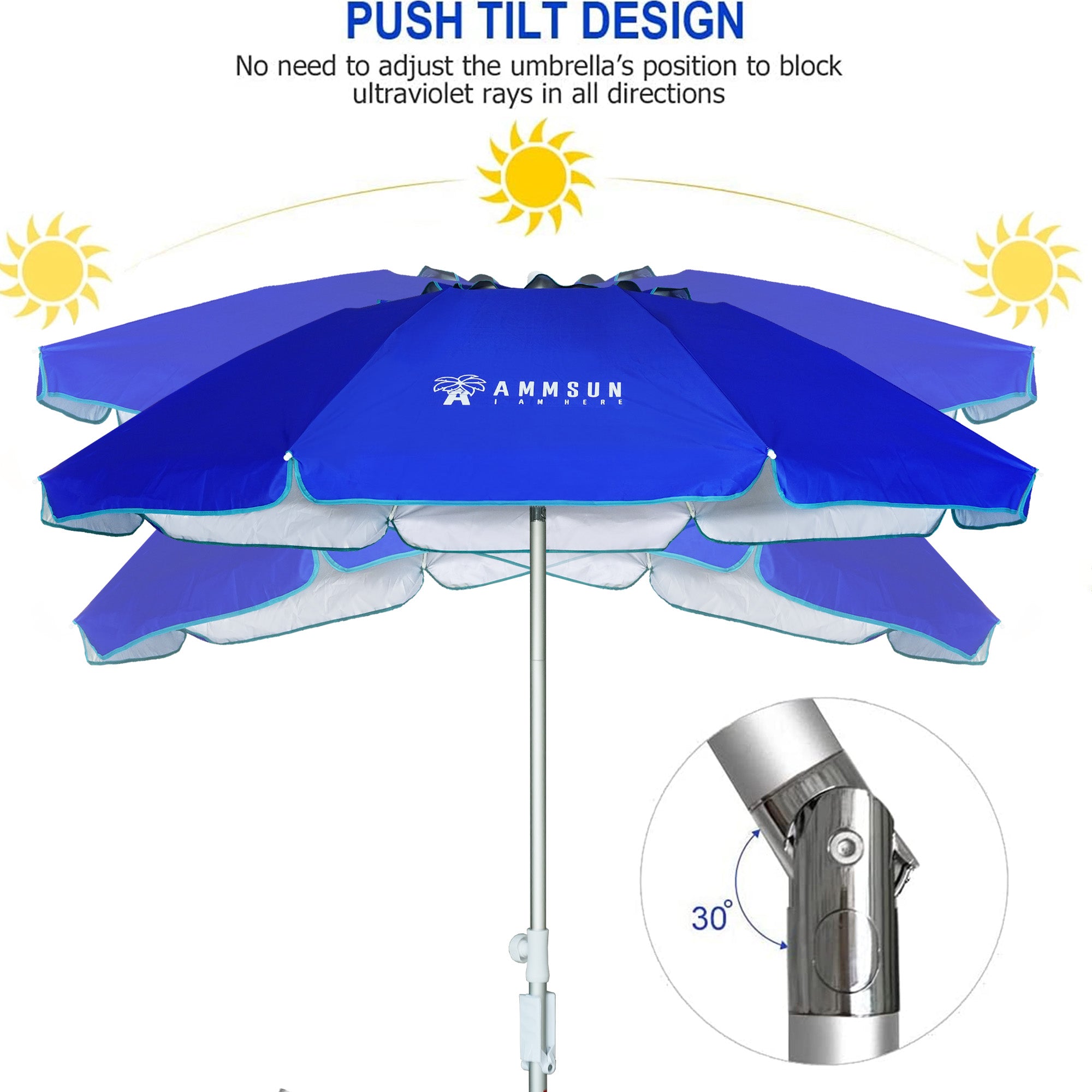 AMMSUN 6.5ft Portable Travel Folded Beach Umbrella Blue