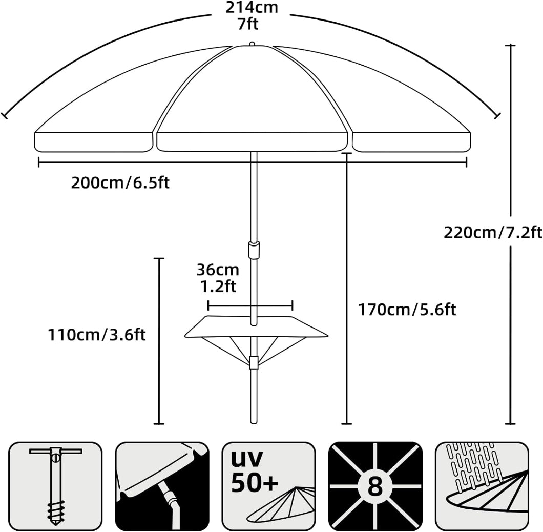 AMMSUN 7ft blue portable beach umbrellas with sand anchor in 7.6ft H, made of waterproof and uv protection