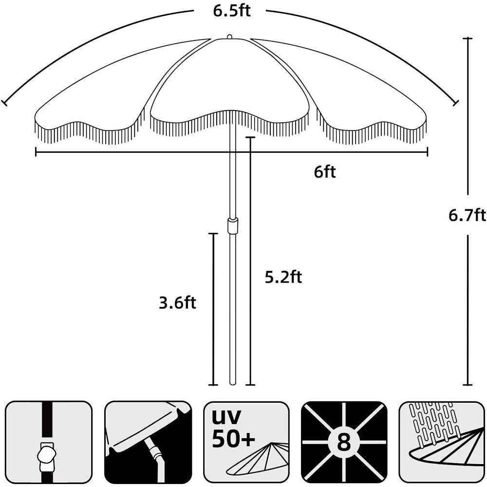 AMMSUN 6.5ft Boho Fringe white outdoor patio for beach umbrellas in 6.7ft tall with 8 ribs and knob for height adjustment