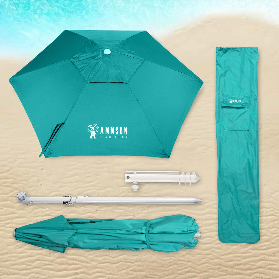 AMMSUN 8FT teal beach umbrellas for sand heavy duty wind portable has a pole, a sand anchor and a carrying bag