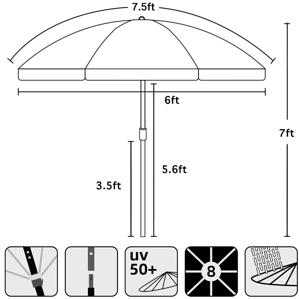 AMMSUN 7.5ft stripe teal white commercial grade beach umbrella in 7ft tall, with uv protection and waterproof