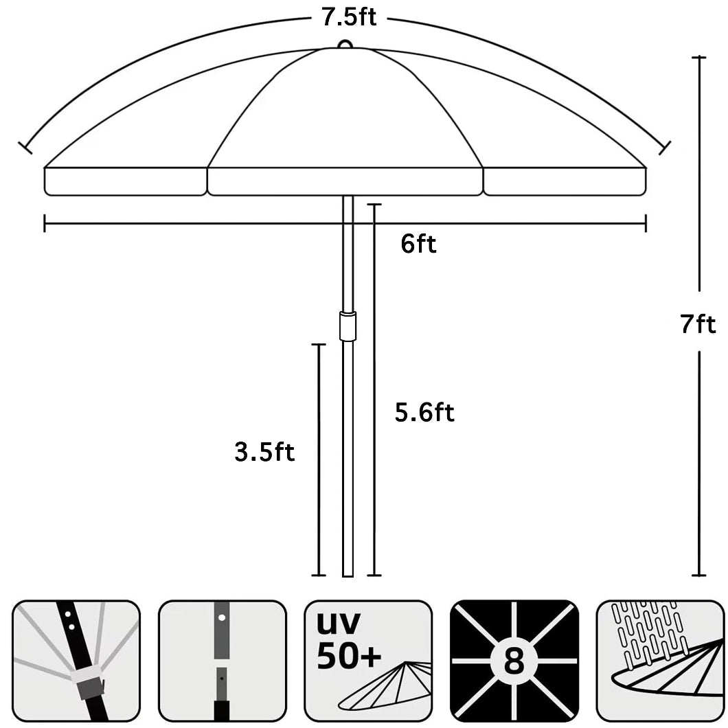 AMMSUN 7.5ft Commercial Grade teal umbrella beach with air vent ash wood pole & UPF 50+, in 7ft high