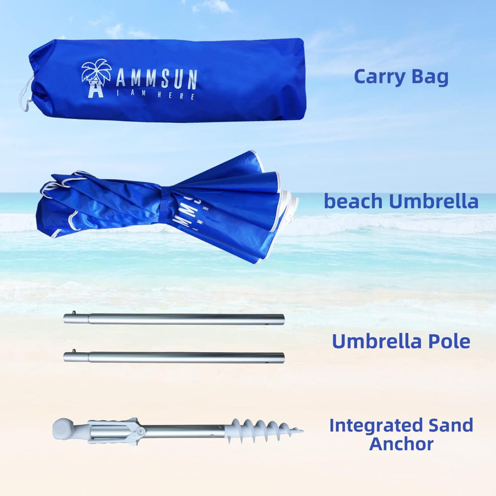 AMMSUN 6ft navy blue folding umbrella includes a carry bag,  extension poles, and a integrated sand anchor pole