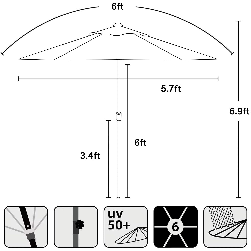 AMMSUN 6ft white patio table umbrellas for patio with waterproof, UV protection, 4 strong ribs, and a height-adjustable knob.