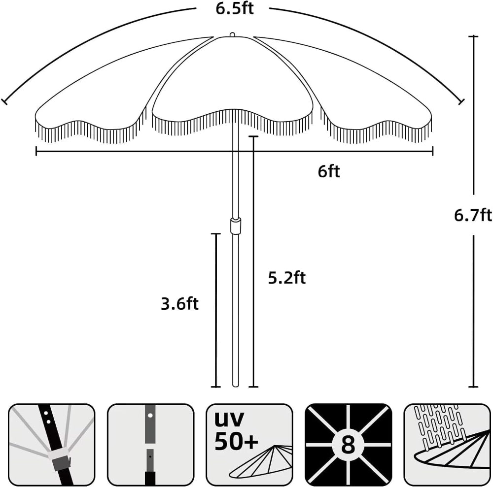 AMMSUN 6.5ft ash wood pole blue wave waterproof and uv protection boho umbrella in 6.7ft tall with fringe and 8 steel ribs