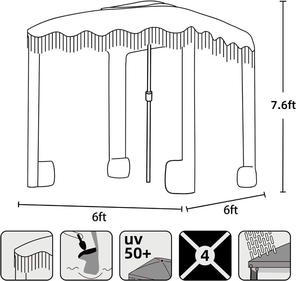 AMMSUN 6'×6' waterproof and uv 50+ Bobo Fringe Beach Cabana umbrella tent canopy in 7.6ft high with, Pink Stripe with sand bags and strong frame